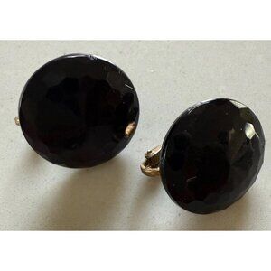 Vintage Jet Black Faceted Glass Button Dome Clip Earrings High End 5/8”